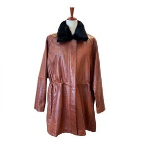 Excelled Collection Women’s Coat Brown Leather With fur trim‎ .